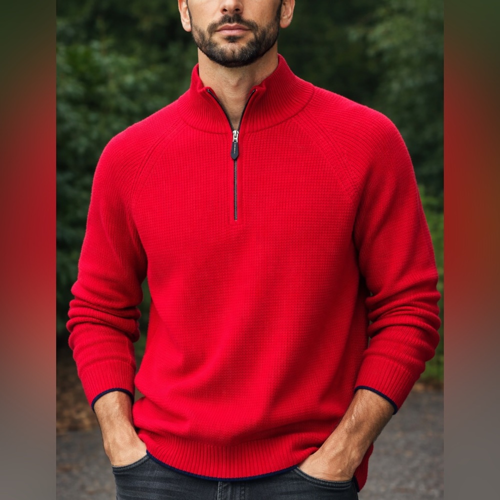 Vineyard Vines Quarter Zip Sweater Men Large Red Cashmere Tight Knit Mock Neck